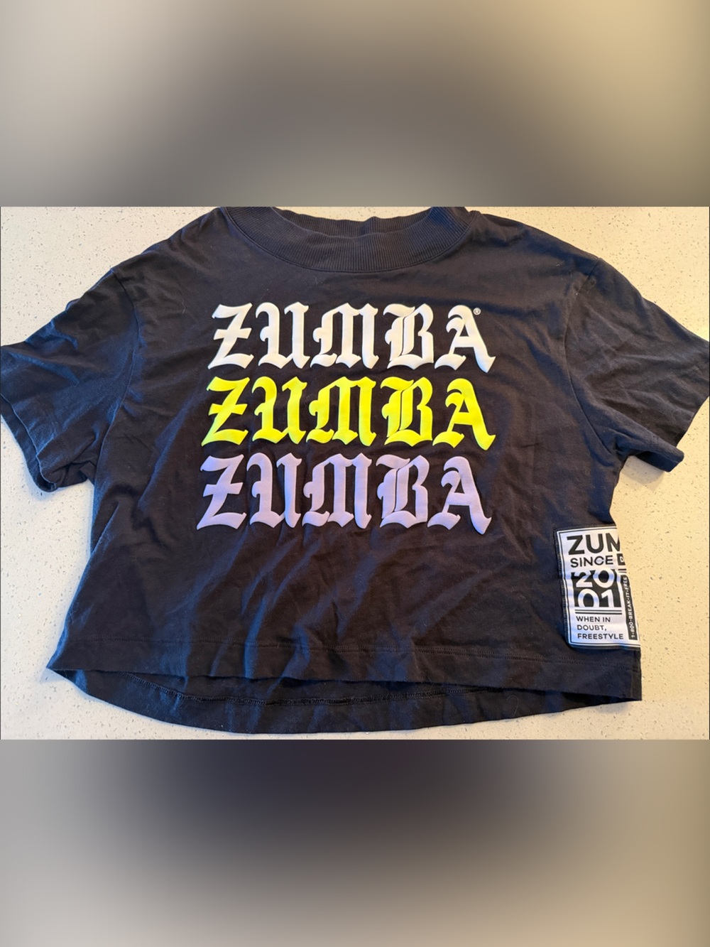 Zumba Fitness Black Crop Top with White, Neon Yellow & Lavender Logo
